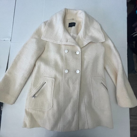 Women’s Wool Pea Coat wool & polyester beige size large, with silver buttons